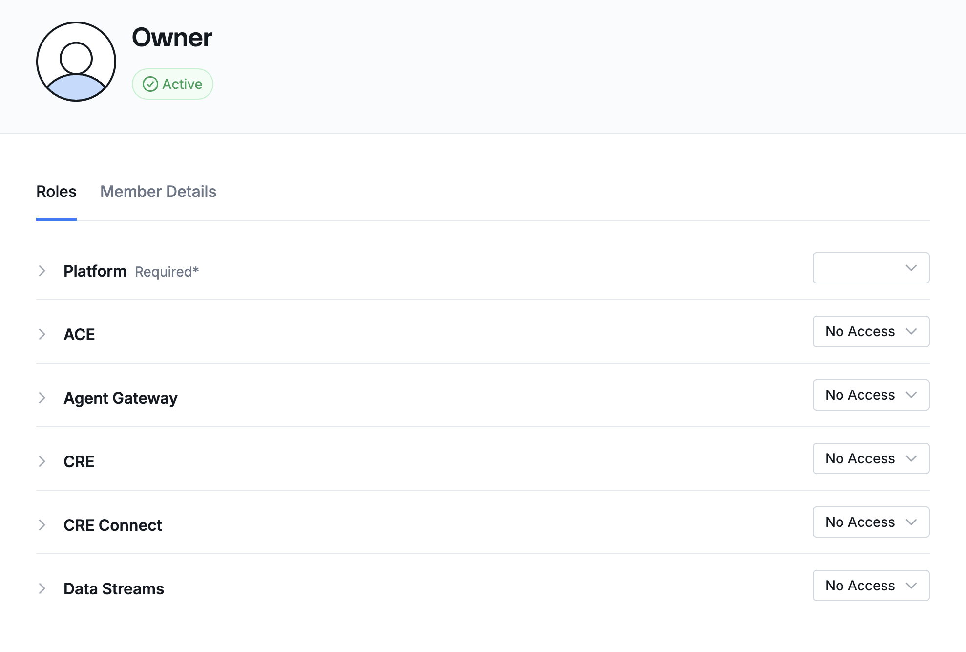 Product role dropdown with the available roles listed
